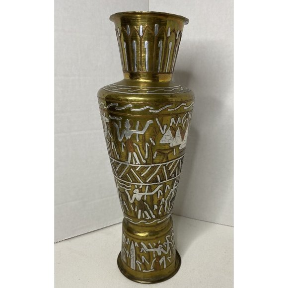Other - Egyptian Cairo Ware Brass Vase With Silver and Copper Inlay Design 11"